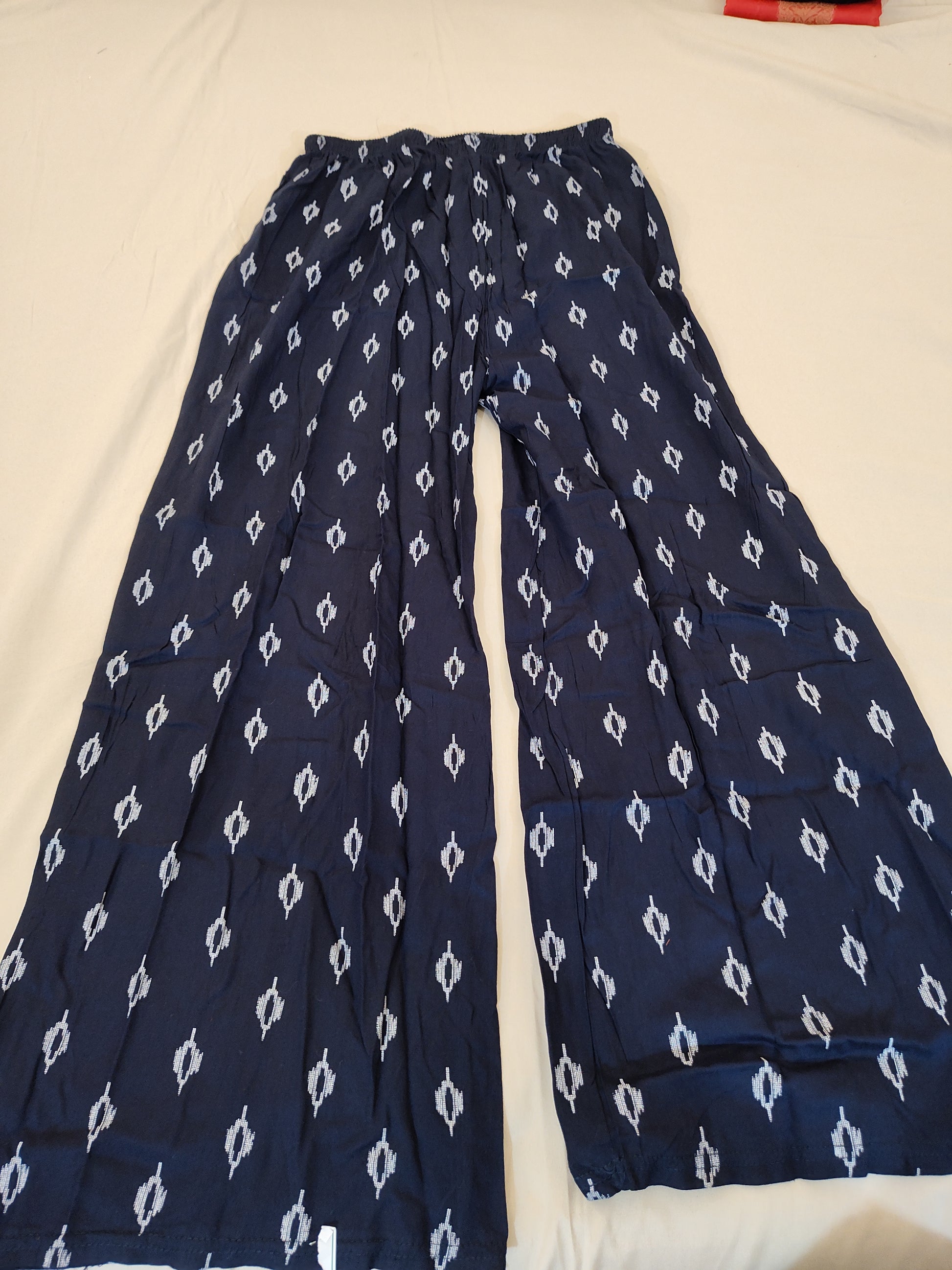 Dark Blue Palazzo Pants With White Ikkat Print In USA