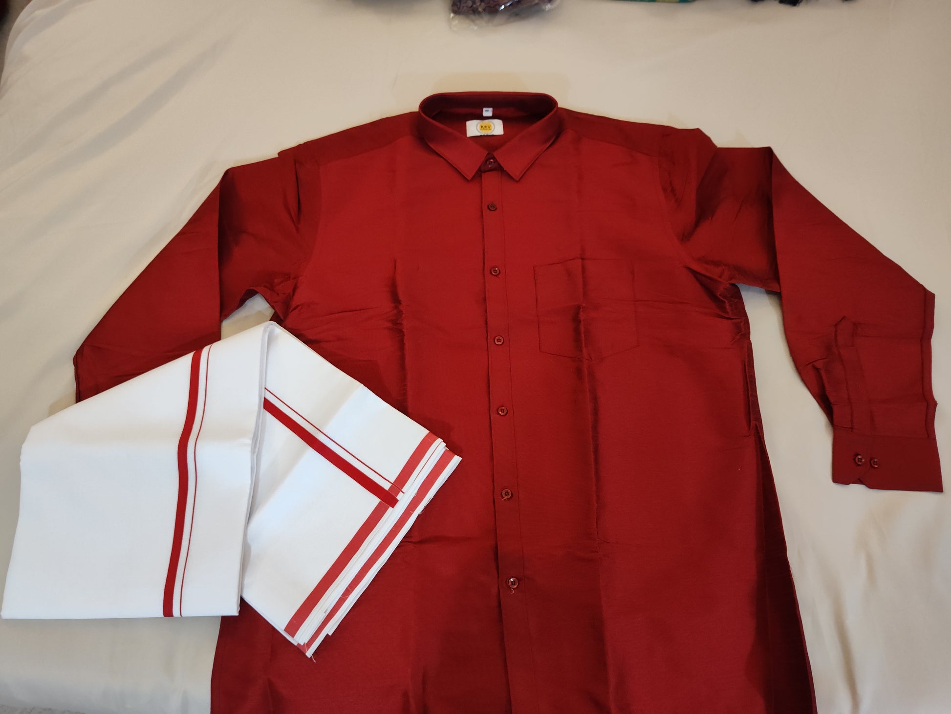 Fabulous Red Raw Silk Full Sleeve Shirt With Cotton Dhoti