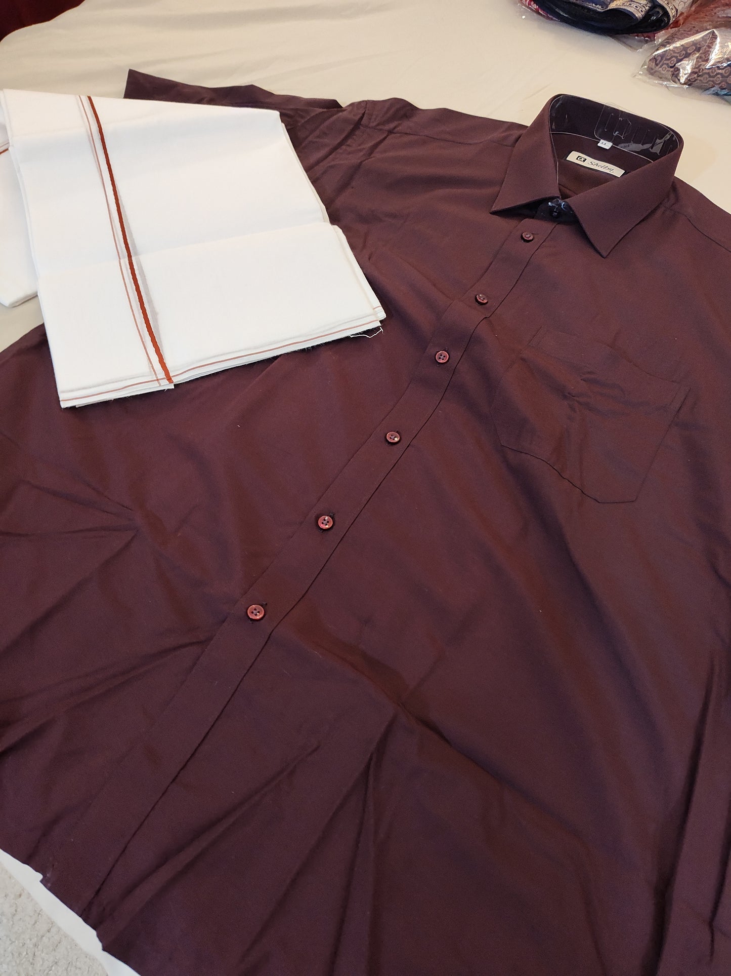 Attractive Burgundy Color Short Sleeves Shirt With Cotton Dhoti