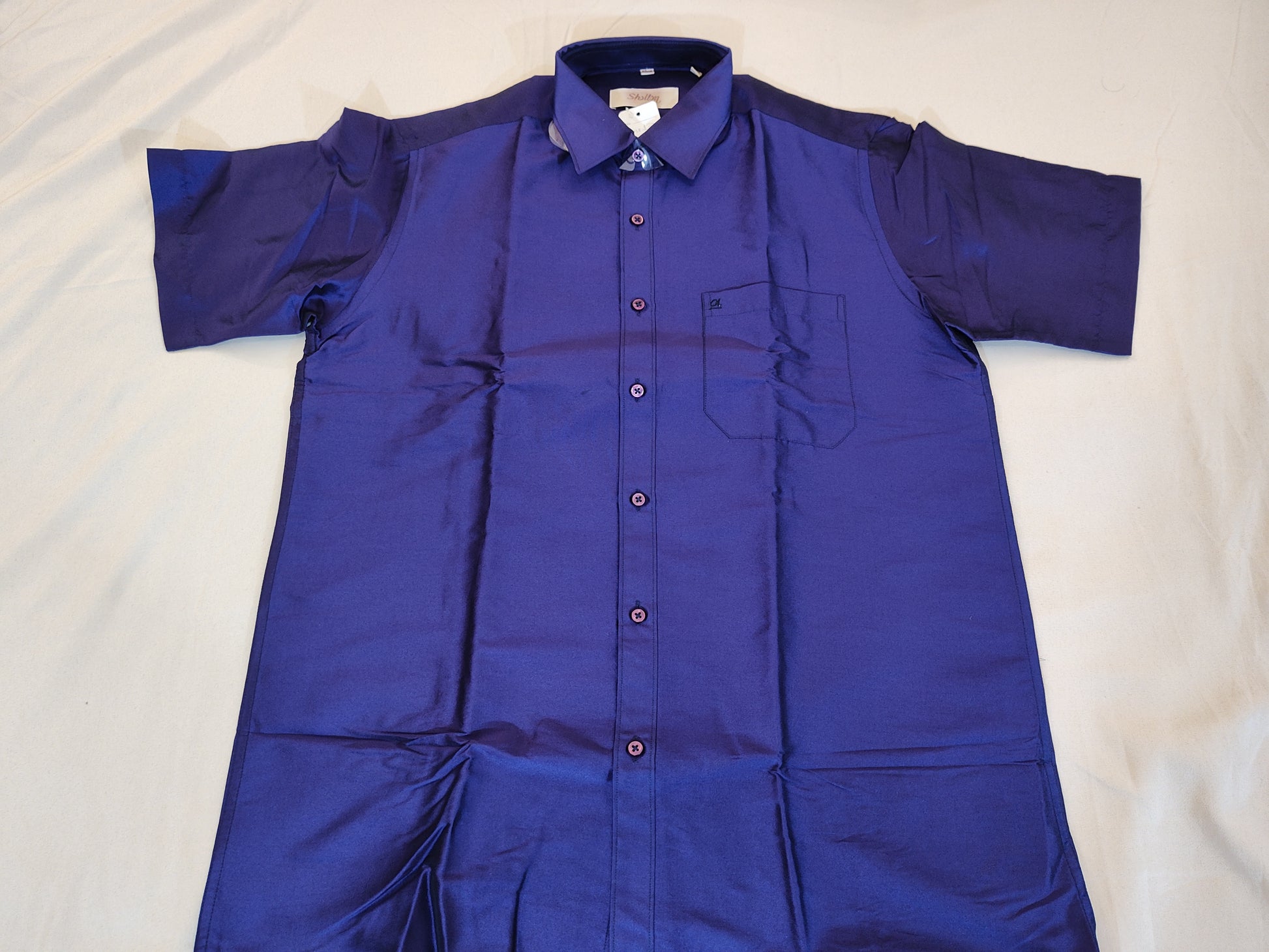 Fabulous Dark Blue Color Half Sleeve Silk Shirt For Men
