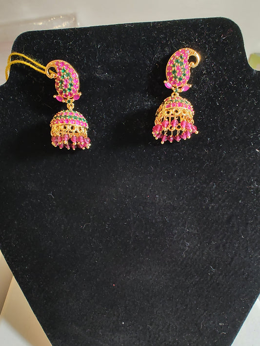 Beautiful Mango Model Jhumka With Red And Green Stones