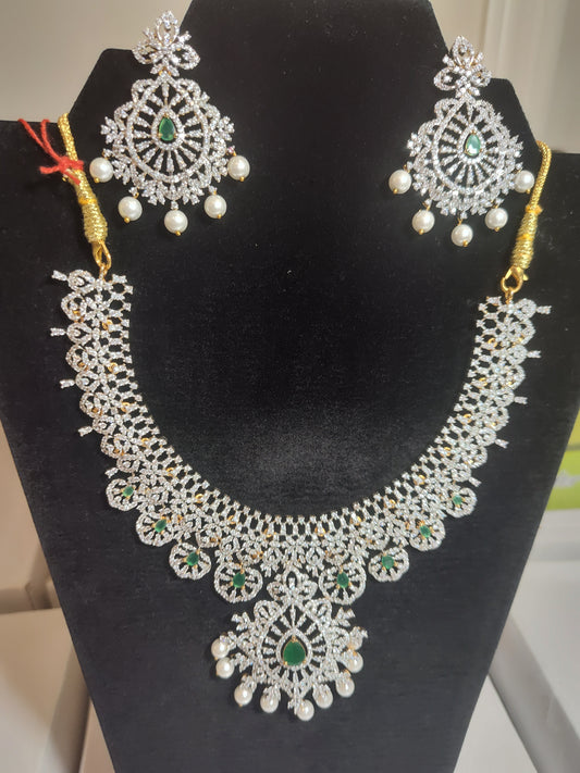 Beautiful Bridal Necklace Set With CZ Stones And Emerald Color Stones