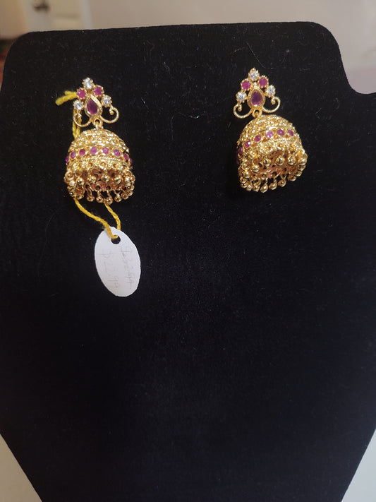 Attractive Gold Plated Jhumkha Earrings With Red Stones 