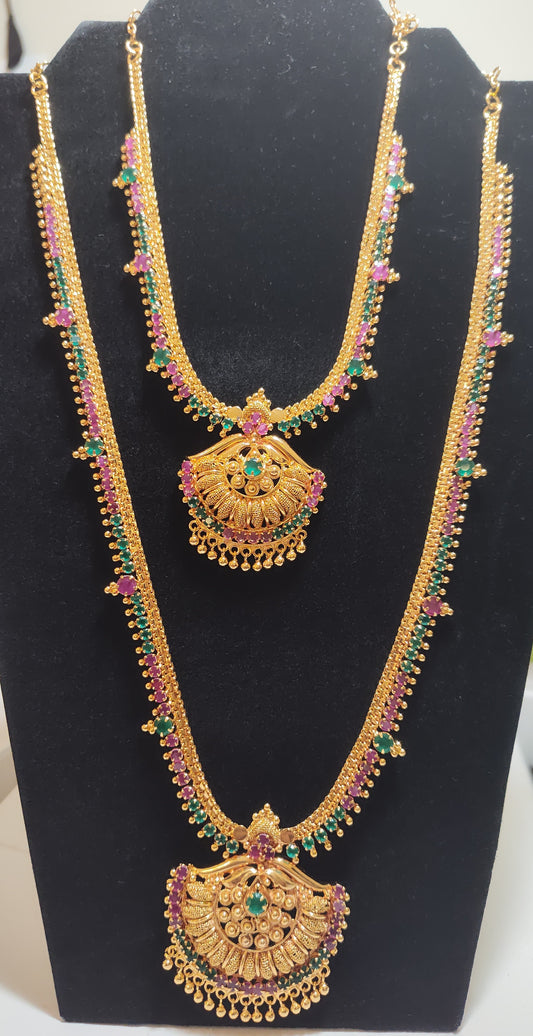 Dazzling Gold Plated Multicolor Necklace And Long Chain With Gold Hangings 