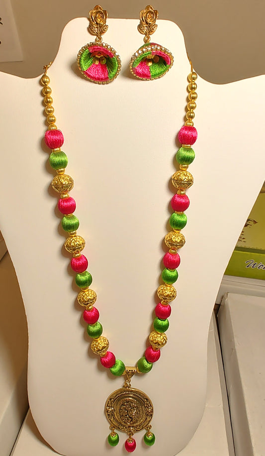 Gorgeous Multi Color Antique Gold Trendy Silk Thread Necklace Set