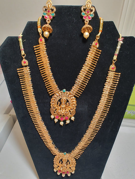 Traditional Solid Gold Plated Multi Color Necklace With Earrings Set