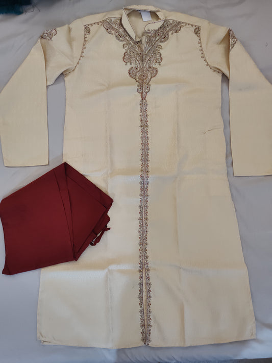Alluring Beige Color Men's Kurta With Embroidery Work
