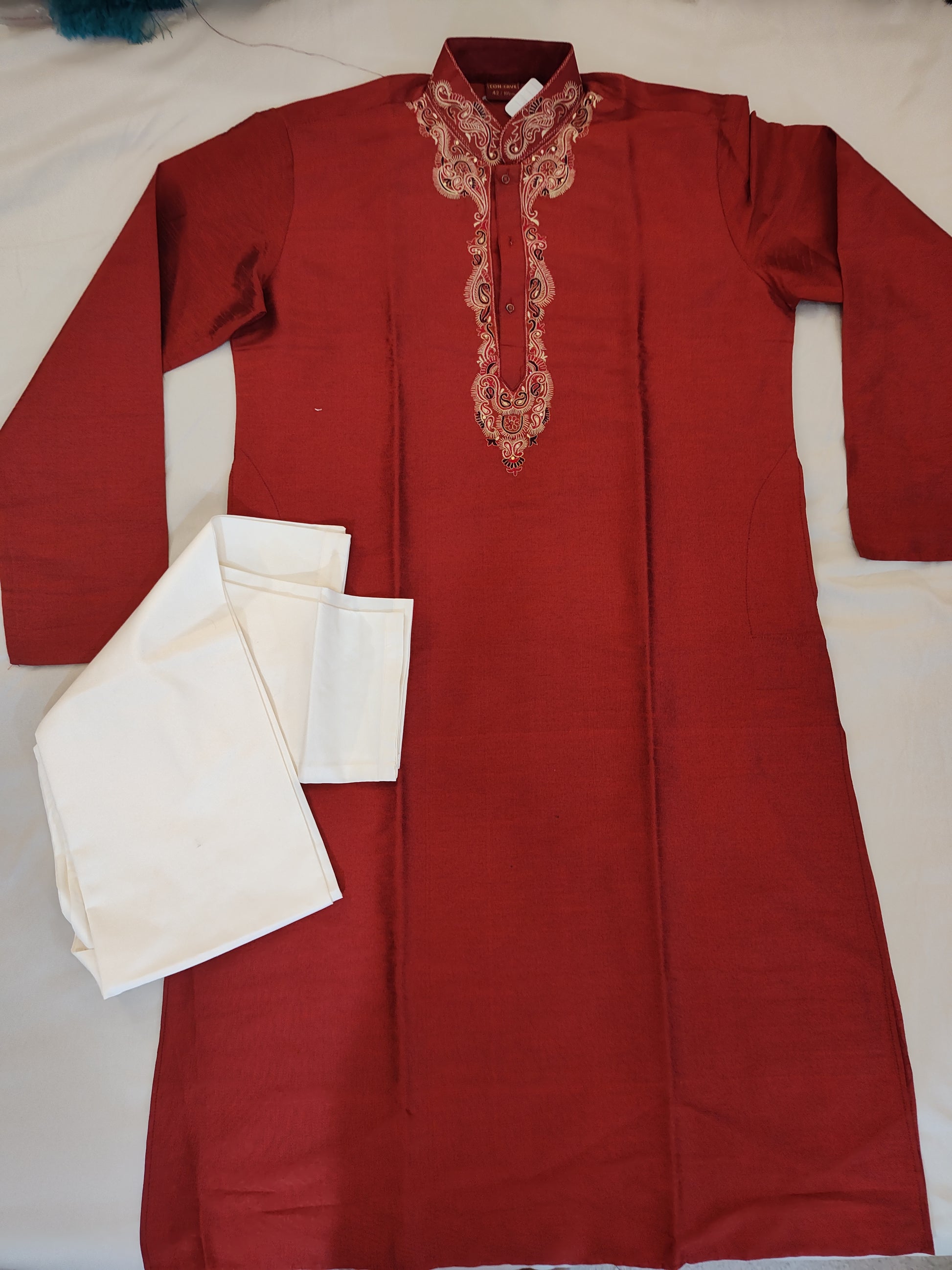 Pleasing Red Color Men's Cotton Kurta With Pajama Pant