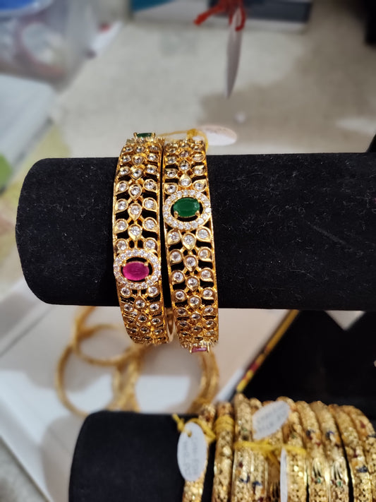 Beautiful Gold Plated Ruby And Emerald Stoned With Leaf Design Bangles