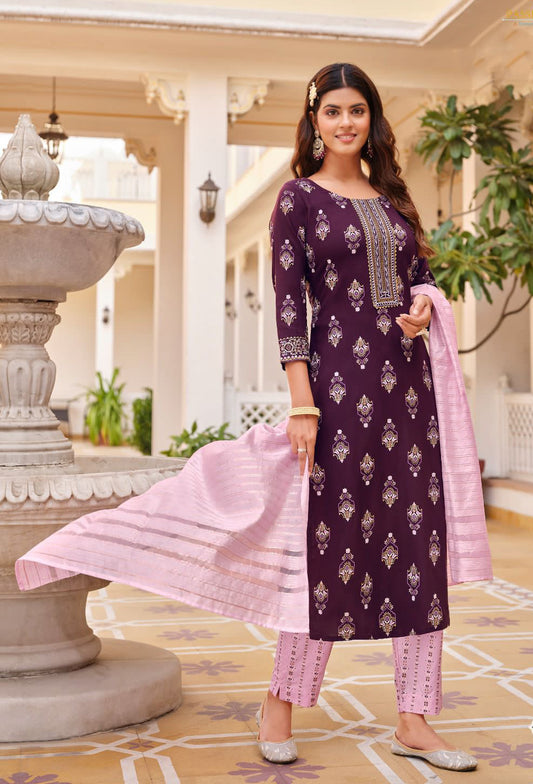 Charming Purple Color Rayon Embroidery Work Kurti With Dupatta Sets