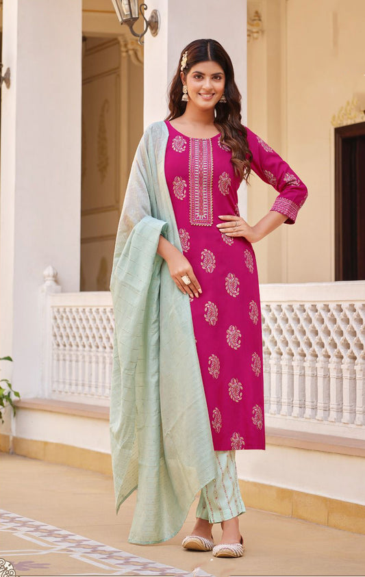Appealing Pink Colored Rayon Embroidery Work Kurti With Dupatta Sets