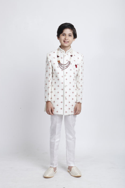 Beautiful Silk Embroidery With Beaded Worn On Neck And Buttons Pearl Sherwani Sets For Kids