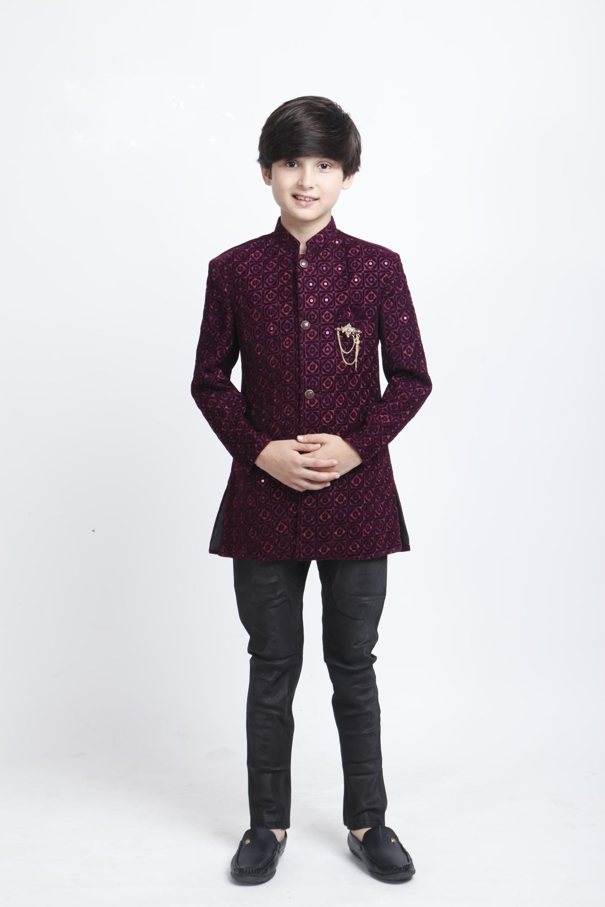 Attractive Velvet Embroidery Work Kurta With Pajama Sets For Kids