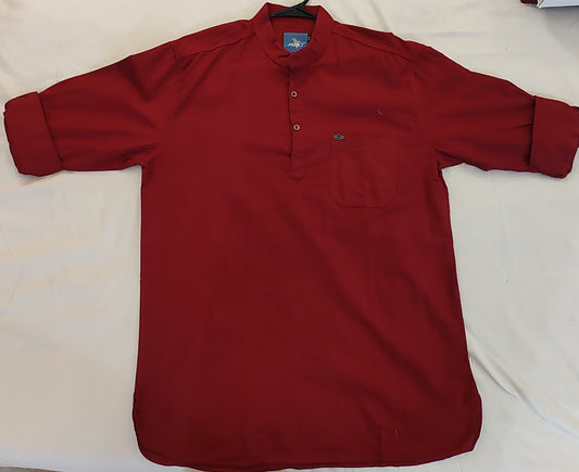Appealing Maroon Color Men's Short Cotton Kurta With full  Sleeves 