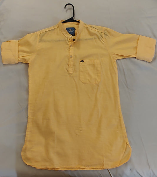 Pleasing Yellow Color Full Sleeves Short Cotton Kurta For Men