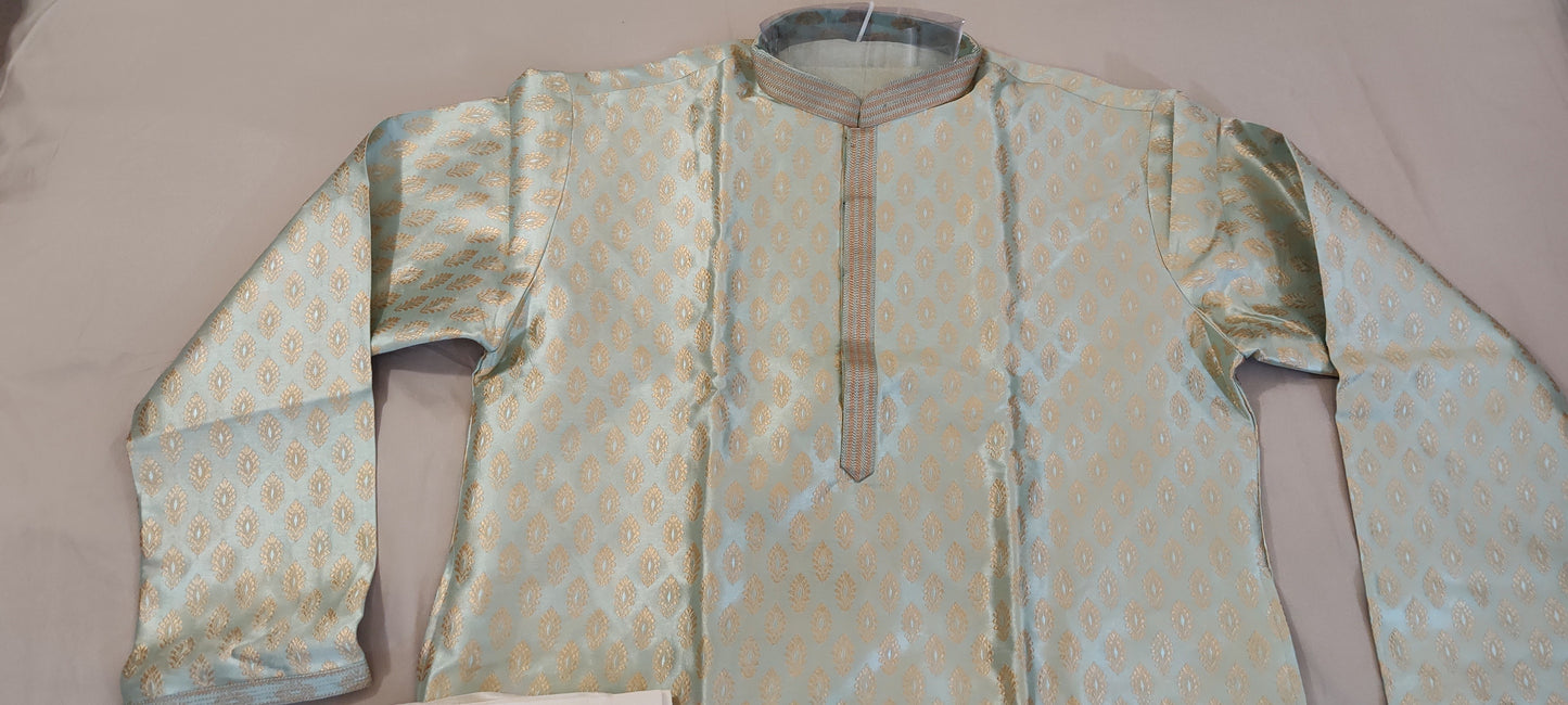 Beautiful Sage Green Men's Kurta With Golden Design and White Pants In Chandler