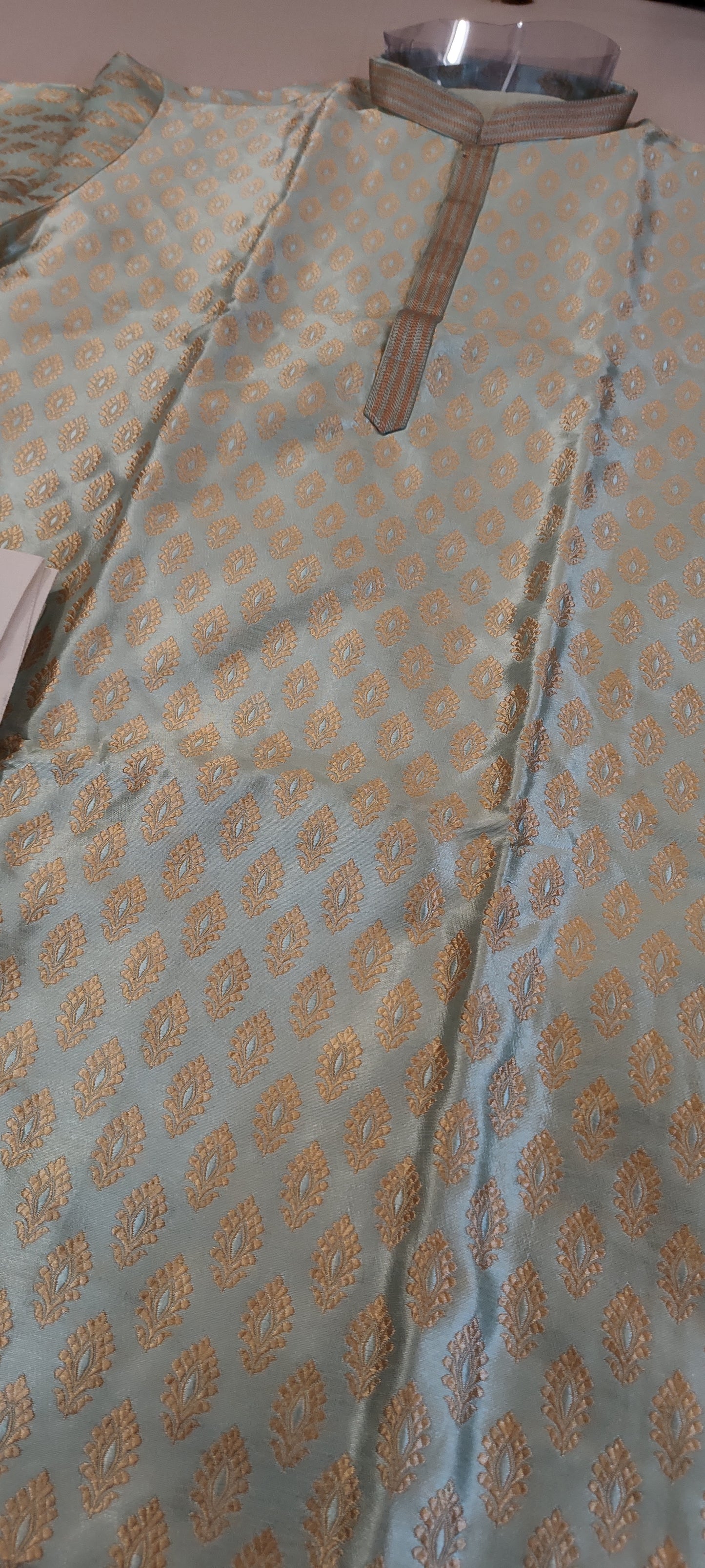 Beautiful Sage Green Men's Kurta With Golden Design and White Pants