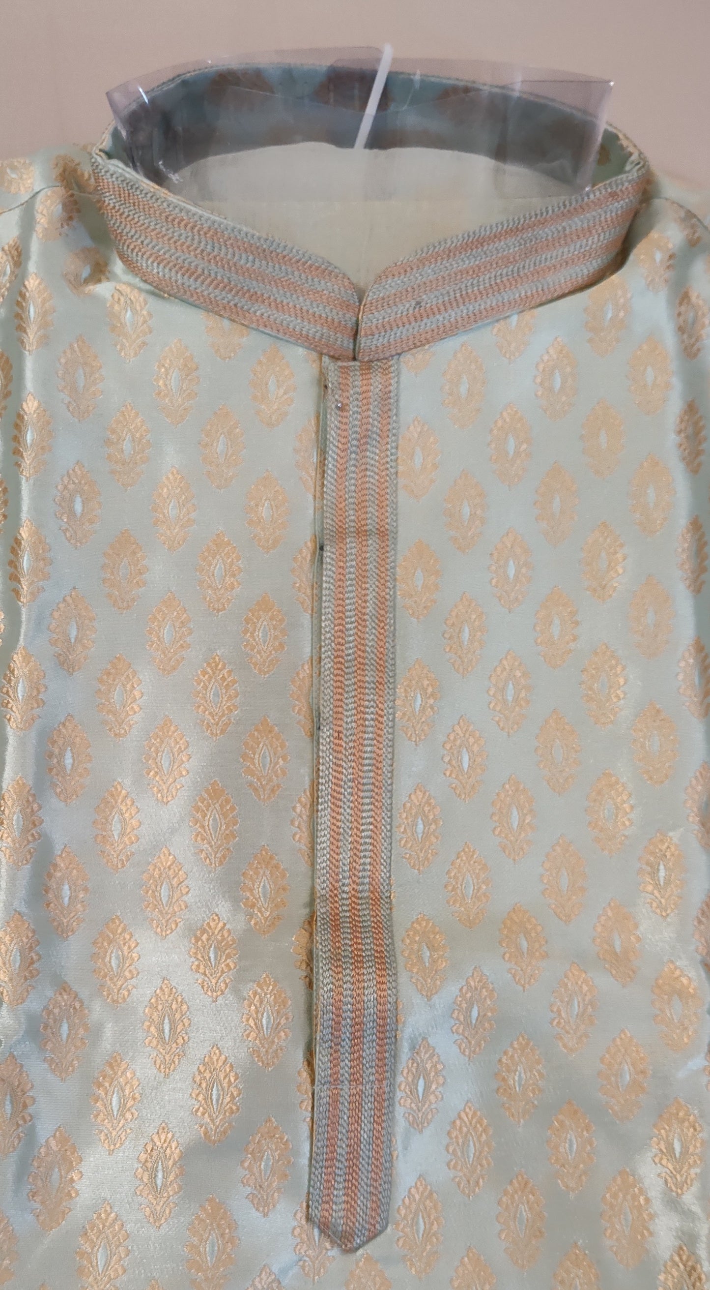 Beautiful Sage Green Men's Kurta With Golden Design and White Pants In Tempe