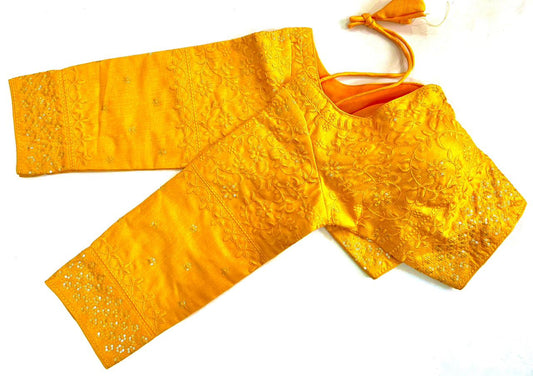 Appealing Yellow Color Chikan Thread Work With Milan Silk Ready To Wear Blouse