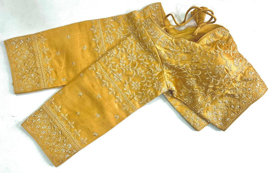 Elegant Yellow Color Thread Work With Milan Silk Ready To Wear Blouse