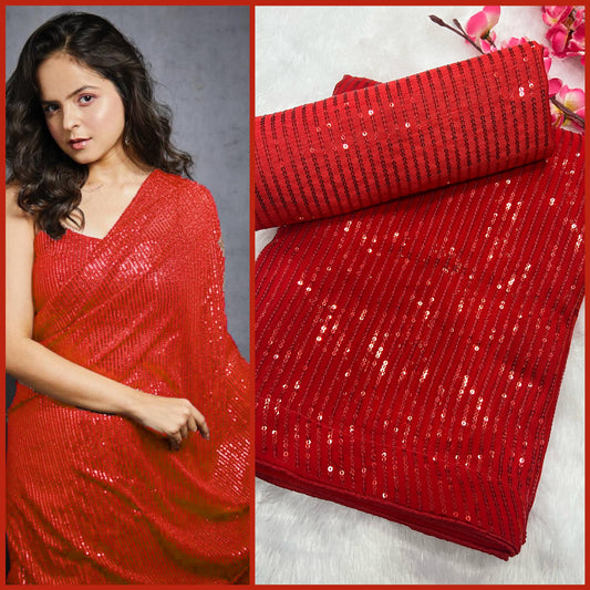 Delightful Red Color Sequins Embroidery Work With Heavy Georgette Saree