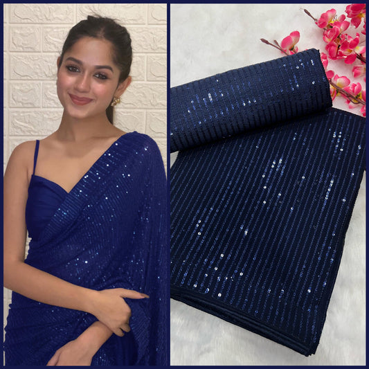 Alluring Blue Color Sequins Embroidery Work With Heavy Georgette Saree