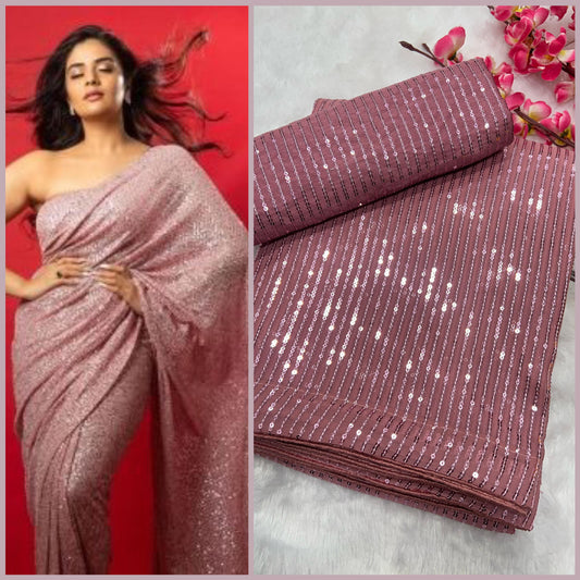 Pretty Heavy Georgette Sequins Embroidery Work With Crush Pink Color Saree