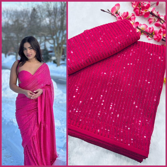 Lovely Pink Colored Sequins Embroidery Work With Heavy Georgette Saree