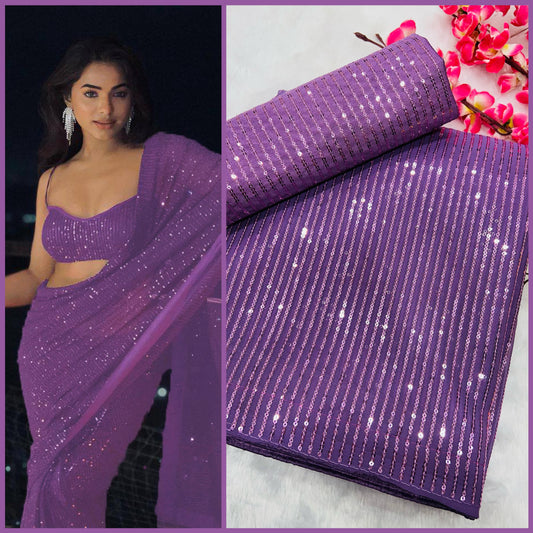 Elegant Lavender Color Heavy Georgette Sequins Embroidery Work Saree