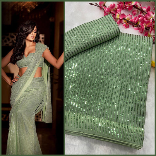 Appealing Pista Green Colored Heavy Georgette Saree With Heavy Mono Banglori Blouse