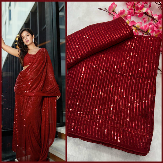 Attractive Red Color Heavy Georgette Sequins Embroidery Work With Crush Saree