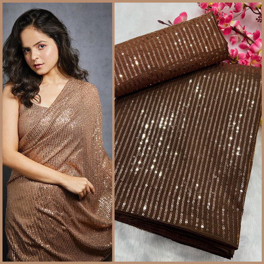 Pleasing Brown Color Sequins Embroidery Work With Crush Heavy Georgette Saree