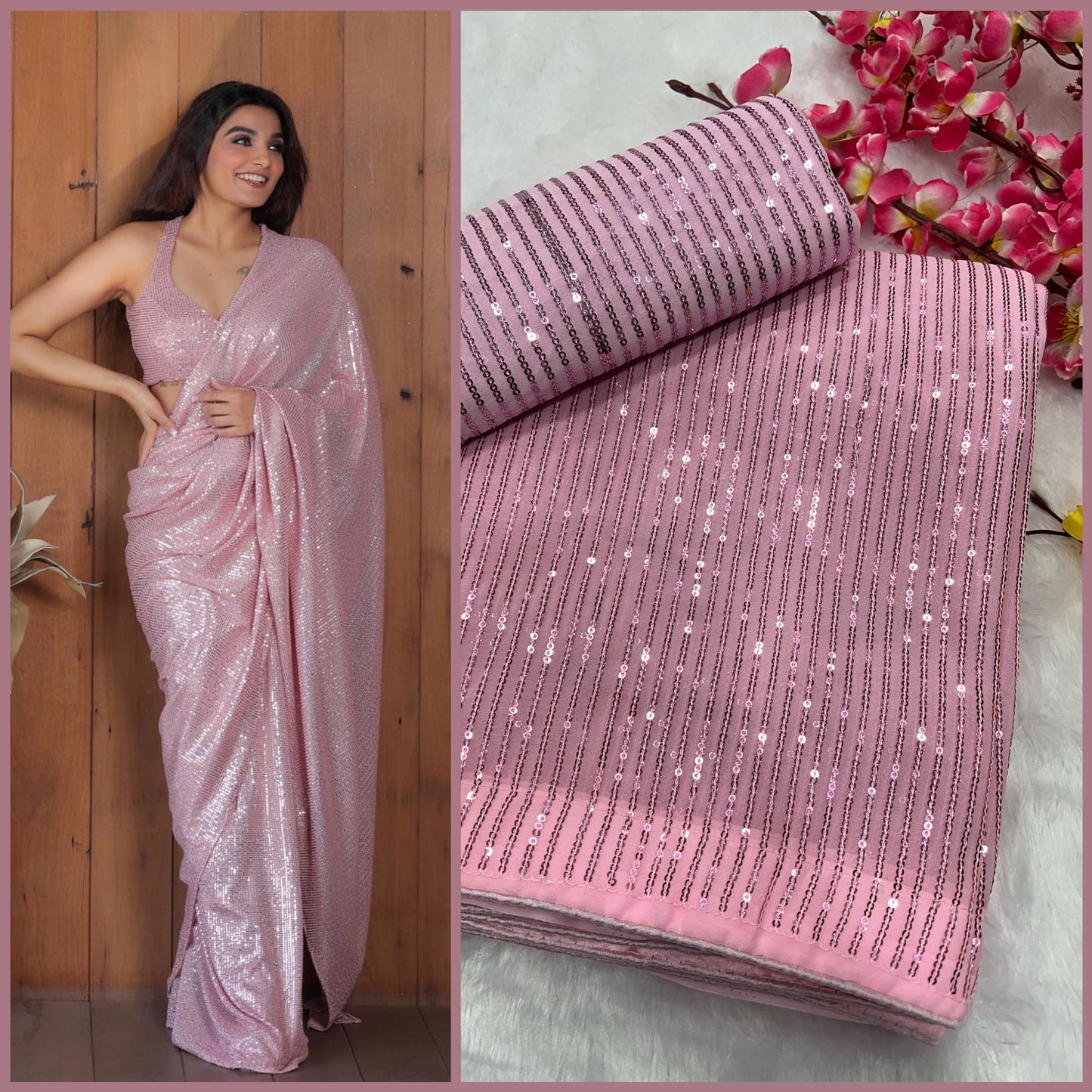 Attractive Pink Color Heavy Georgette Sequins With Embroidery Work Saree