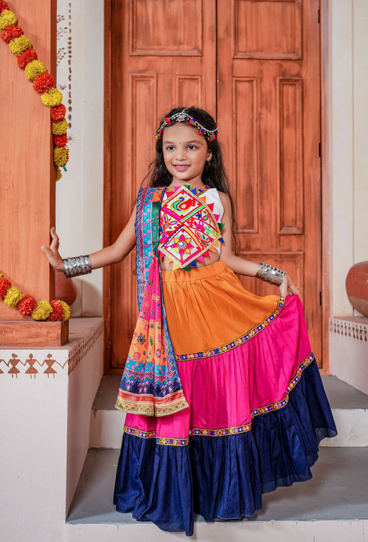 Pretty Multi Color Rayon Kids Garba Choli Sets With Mirror Lace Work