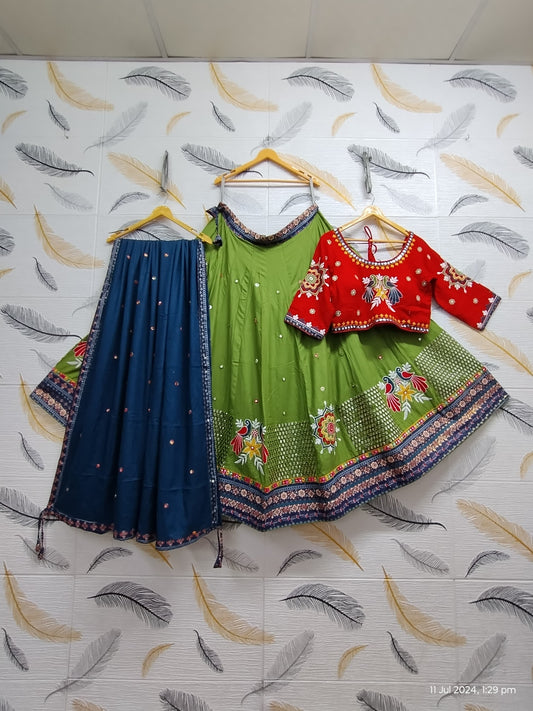 Pleasing Green Butta And Floral Design Embroidery Work Chaniya Cholis