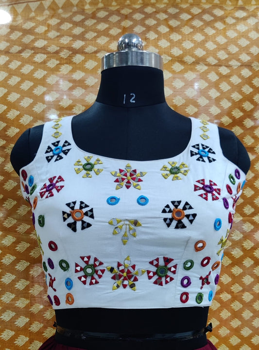 Comfy White Color Cotton Ready Made Blouse With Mirror Work For Women