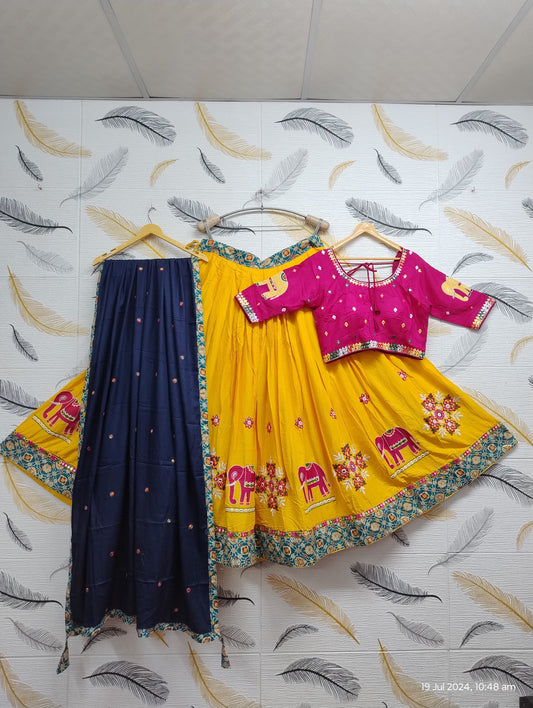 Lovely Yellow Color Elephant Design Embroidery Work Chaniya Cholis