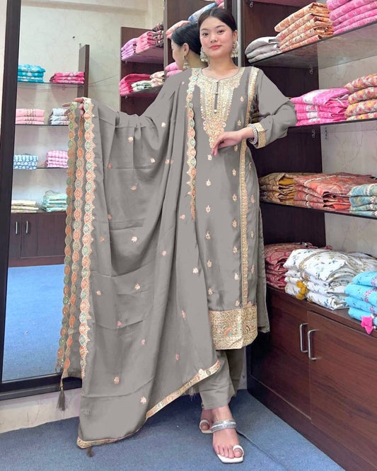 Lovely Gray Color Pure Chinon Silk Heavy Embroidery Work Salwar Suits For Women