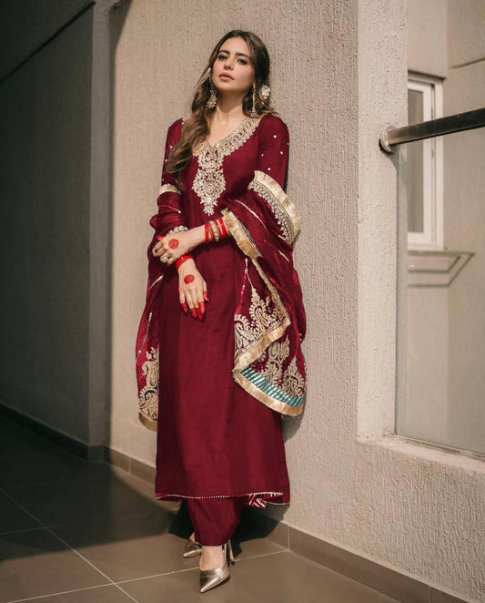 Elegant Red Color Pure Chinon Silk Heavy Embroidery Work Salwar Suits For Women