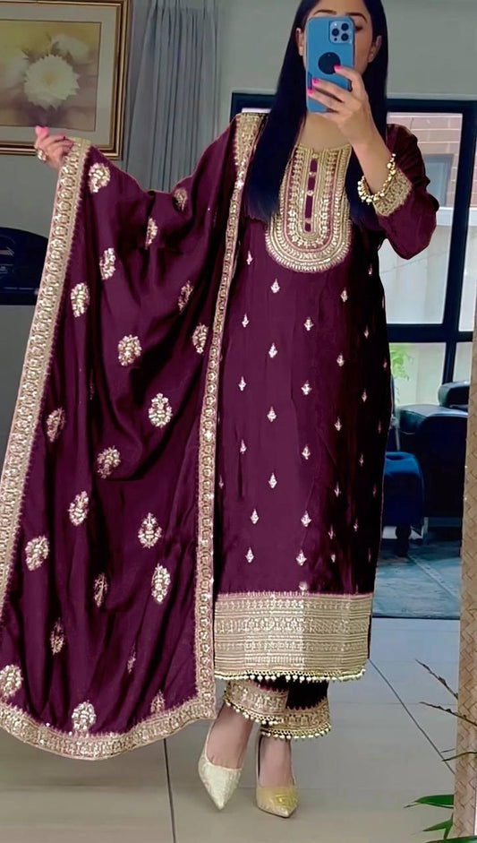 Pretty Purple Color Heavy Faux Georgette Palazzo Suits With Heavy Embroidery Work