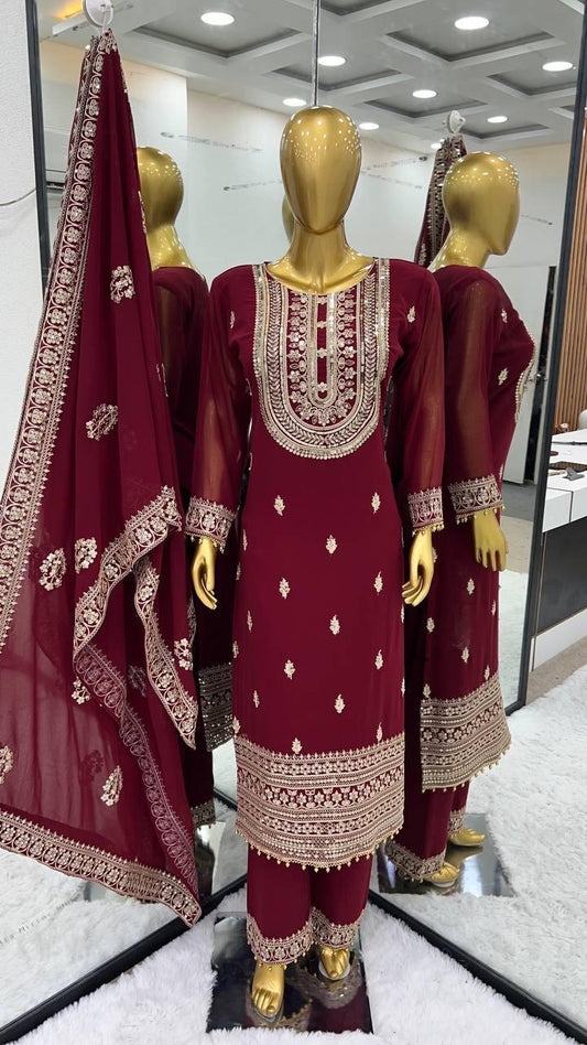 Pleasing Maroon Color Heavy Faux Georgette Palazzo Suits With Heavy Embroidery Work