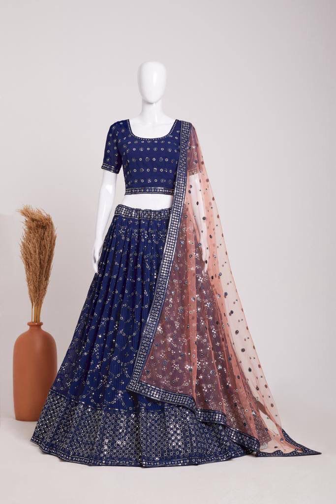 Appealing Blue Color Designer Embroidery And Sequins Work Lehenga And Choli With Fancy Dupatta For Women