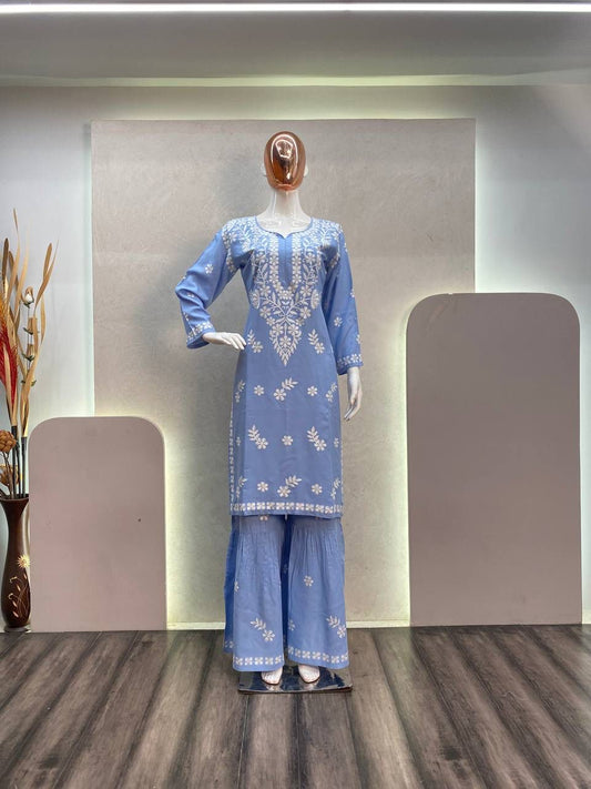 Lovely Sky Blue Color Rayon Sharara Suits With Embroidery Work For Women