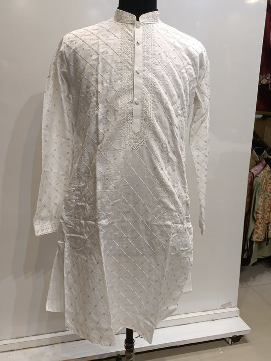 Elegant White Color Silk Kurta With Embroidery Work Suits For Men