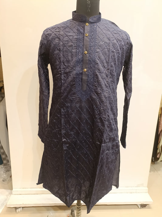 Charming Blue Color Silk Kurta With Embroidery Work Suits For Men