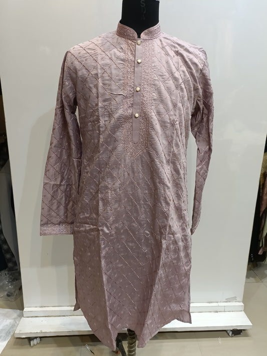 Attractive Lavender Color Silk Kurta With Embroidery Work Suits For Men