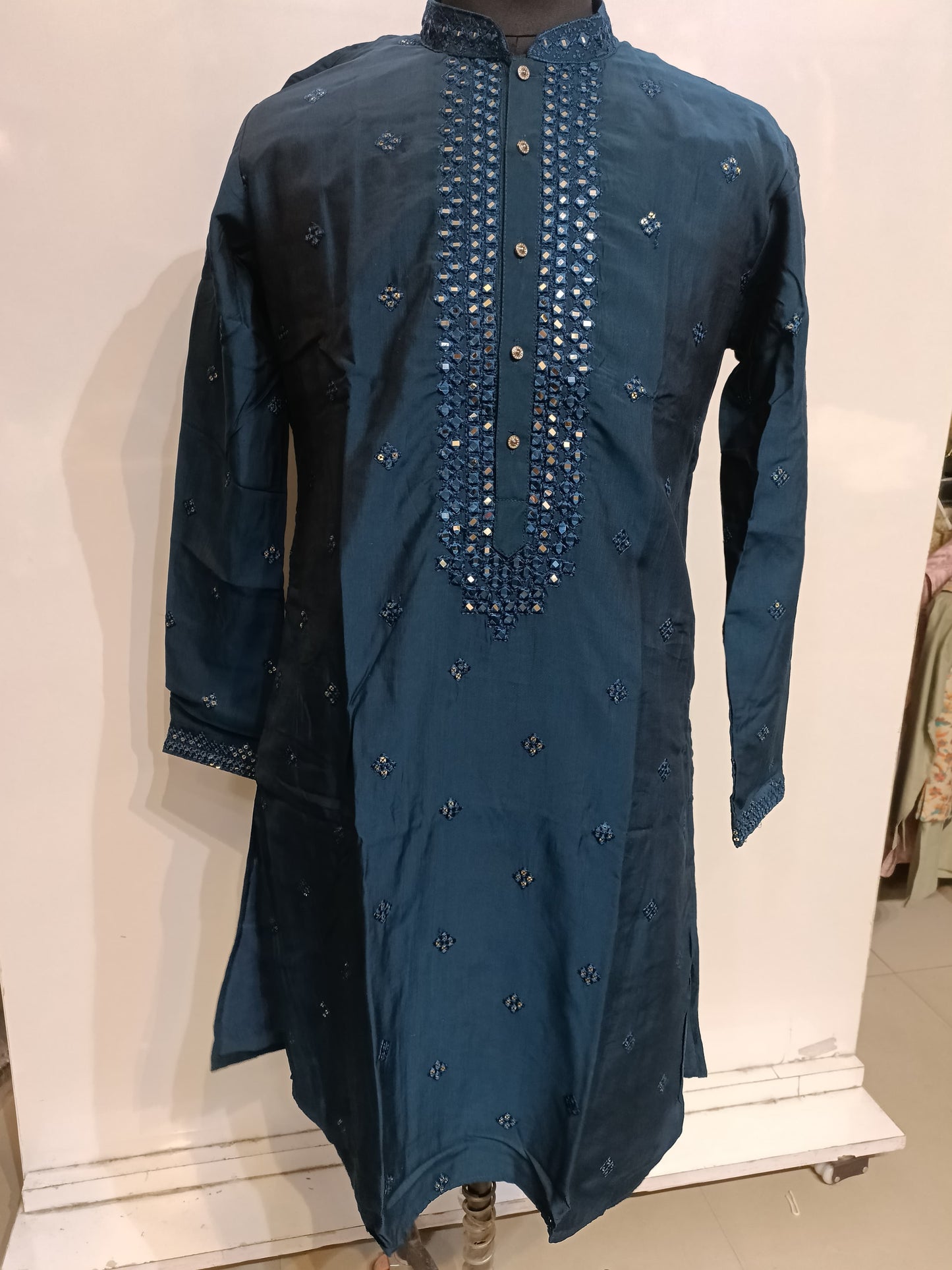 Beautiful Teal Blue Color Silk Kurta With Embroidery Work Suits For Men