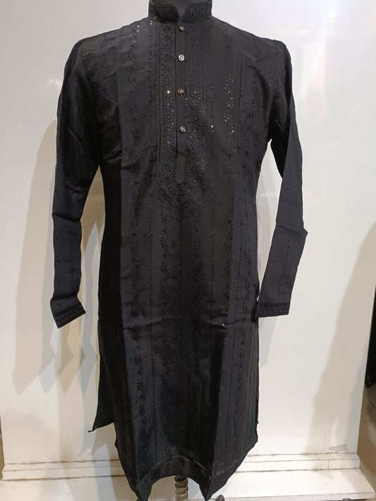 Attractive Black Color Silk Kurta With Embroidery Work Suits For Men