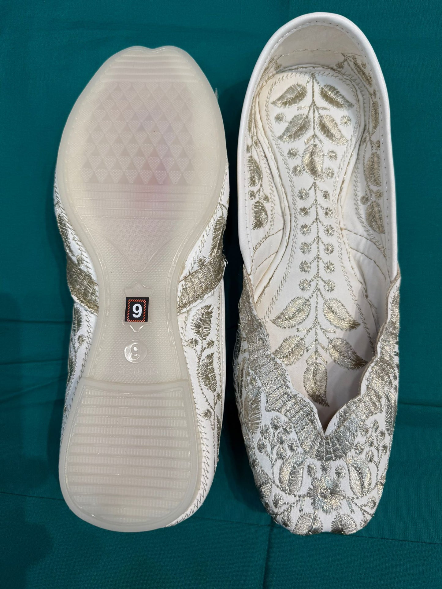  White And Gold Zari Work Flats Embroidered Traditional Mojari Jutis In Tucson