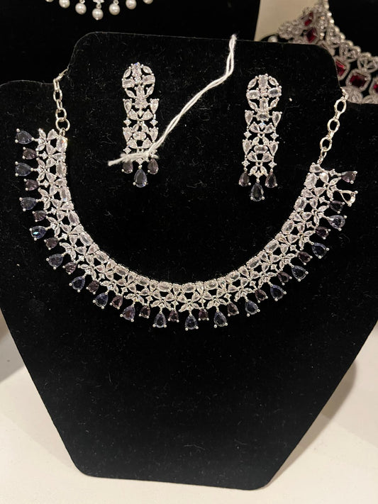 Gorgeous American Diamond Black Stoned Necklace With Earrings